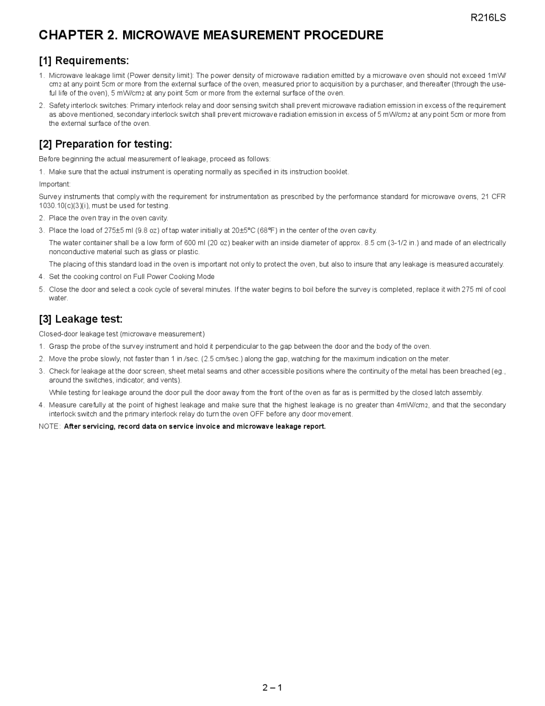 Sharp R-216LS service manual Microwave Measurement Procedure, Requirements, Preparation for testing, Leakage test 