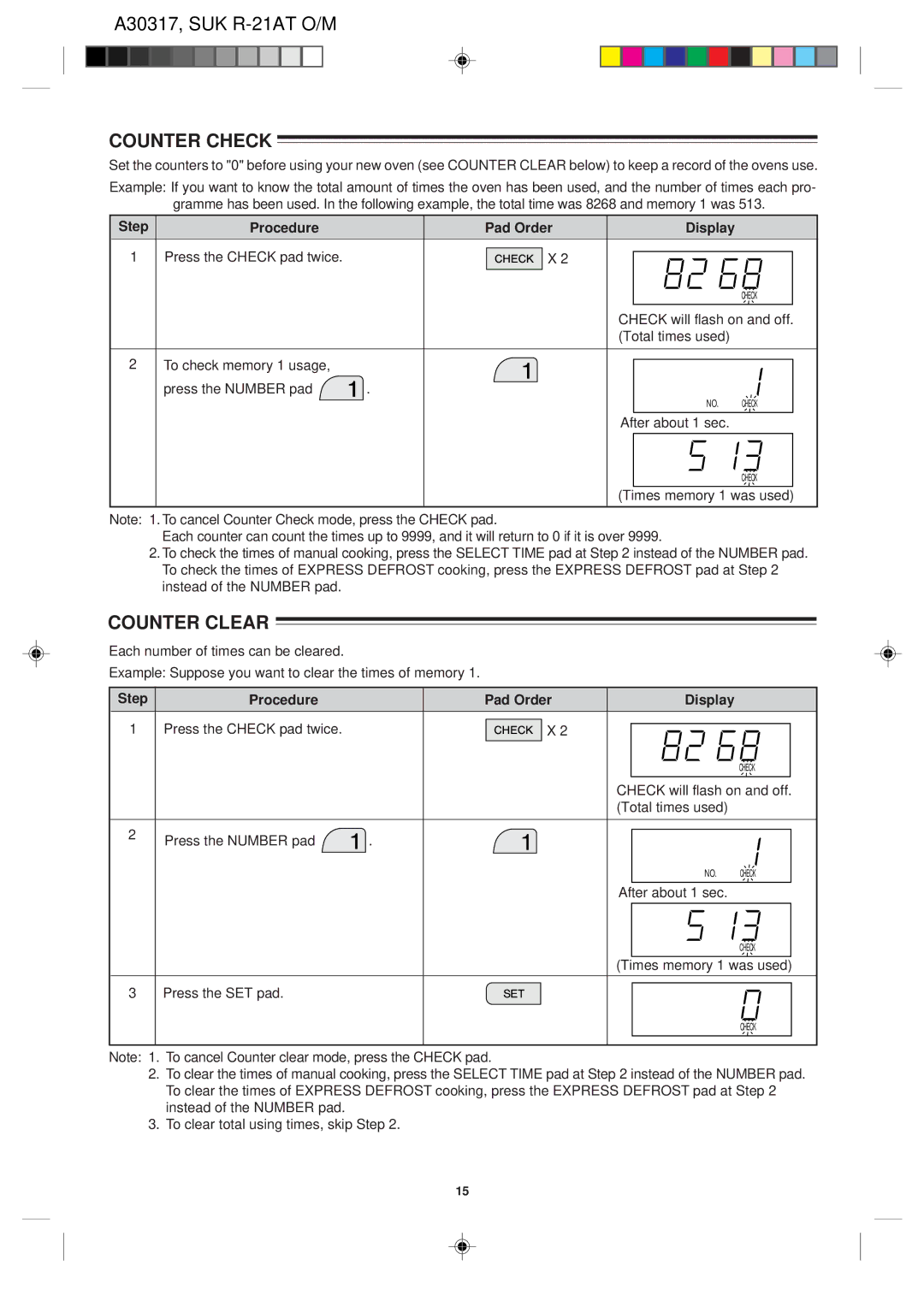 Sharp R-21AT operation manual Counter Check, Counter Clear, Step Procedure Pad Order Display Press the Check pad twice 