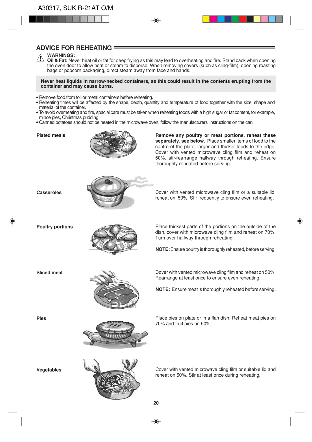 Sharp R-21AT operation manual Advice for Reheating, Casseroles Poultry portions, Sliced meat, Pies, Vegetables 