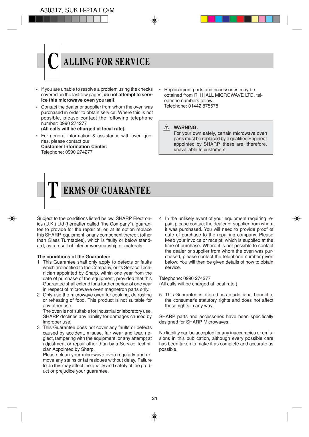 Sharp R-21AT Alling for Service, Erms of Guarantee, All calls will be charged at local rate, Conditions of the Guarantee 