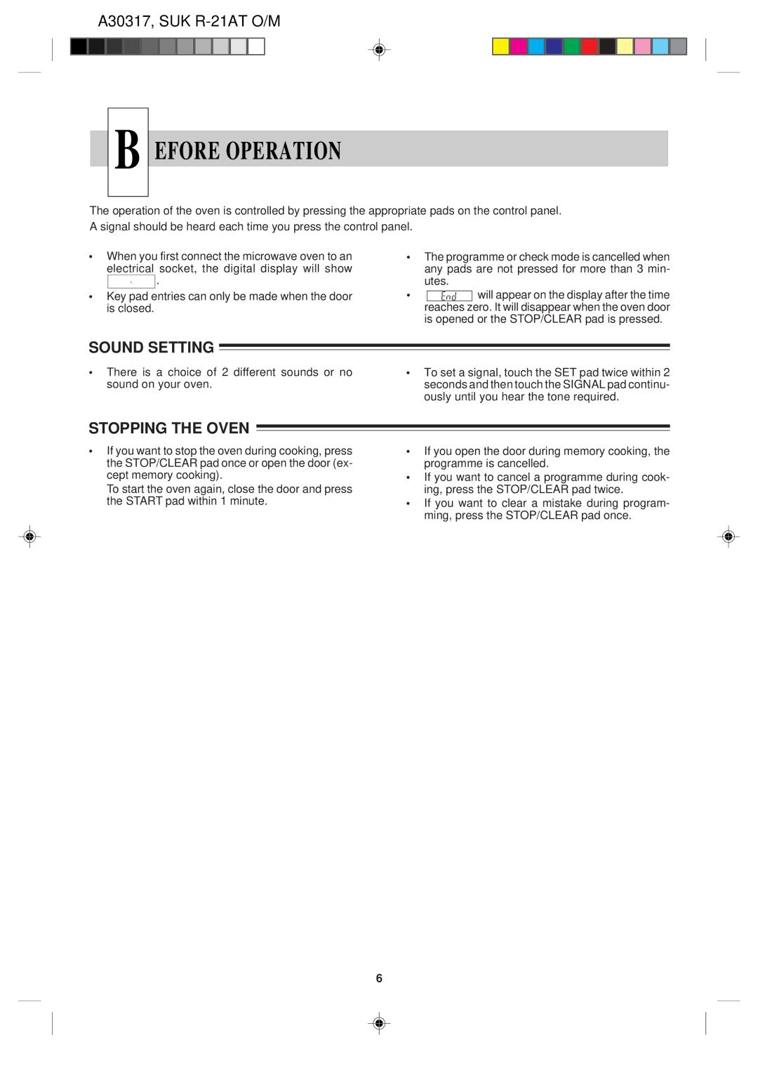 Sharp R-21AT operation manual Efore Operation, Sound Setting, Stopping the Oven 