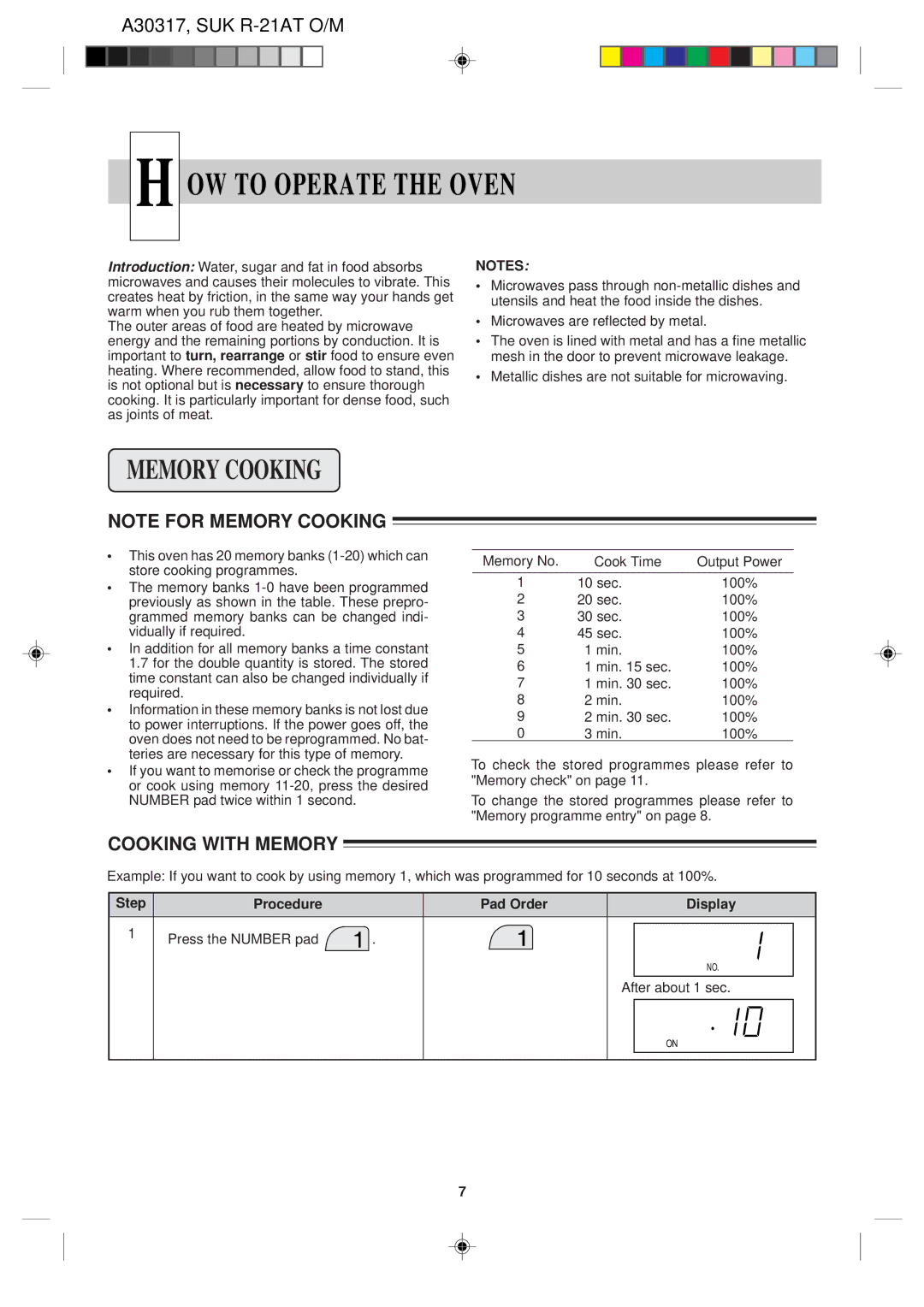 Sharp R-21AT operation manual OW to Operate the Oven, Cooking with Memory 