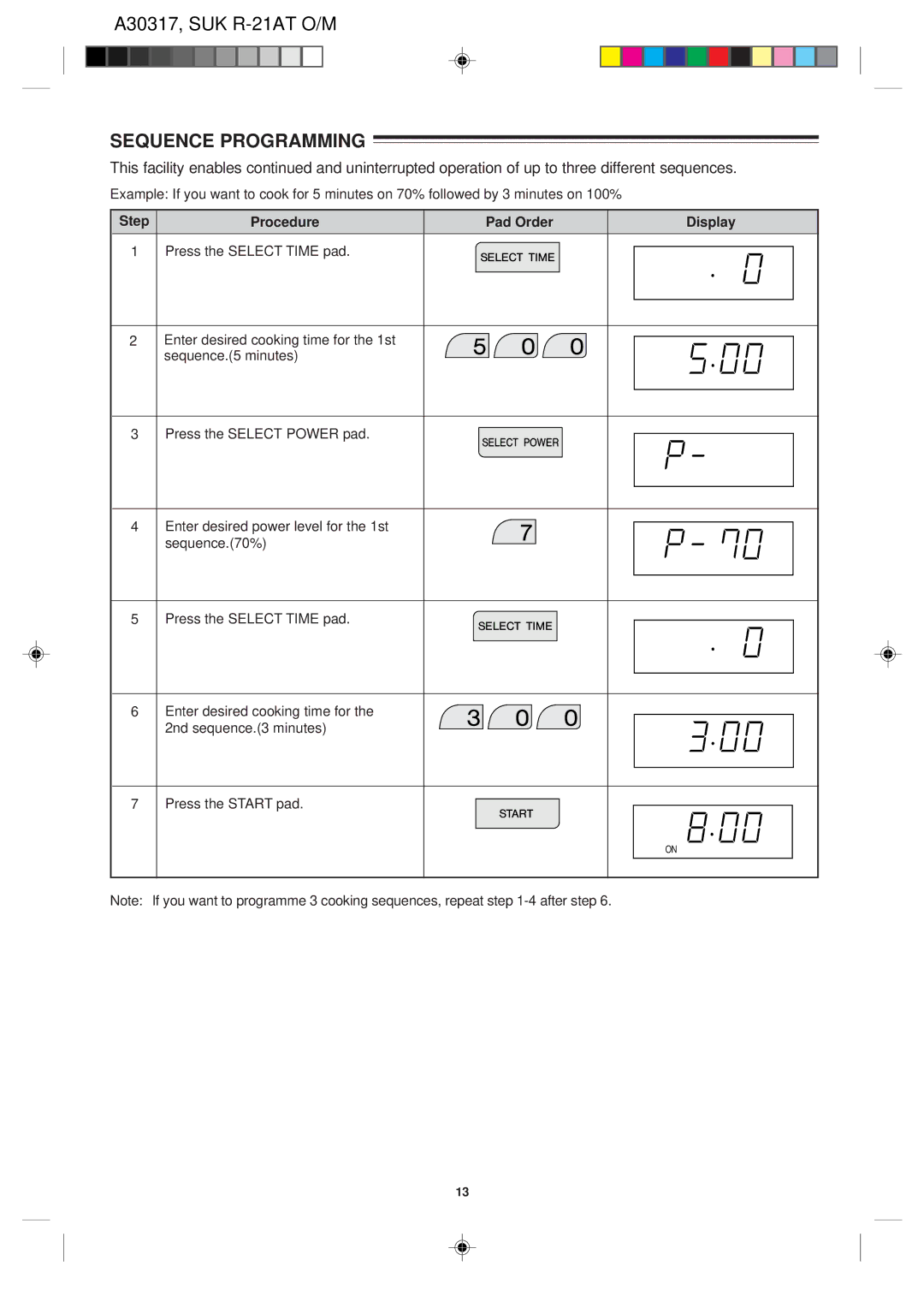 Sharp R-21AT operation manual Sequence Programming, Step Procedure Pad Order Display Press the Select Time pad 