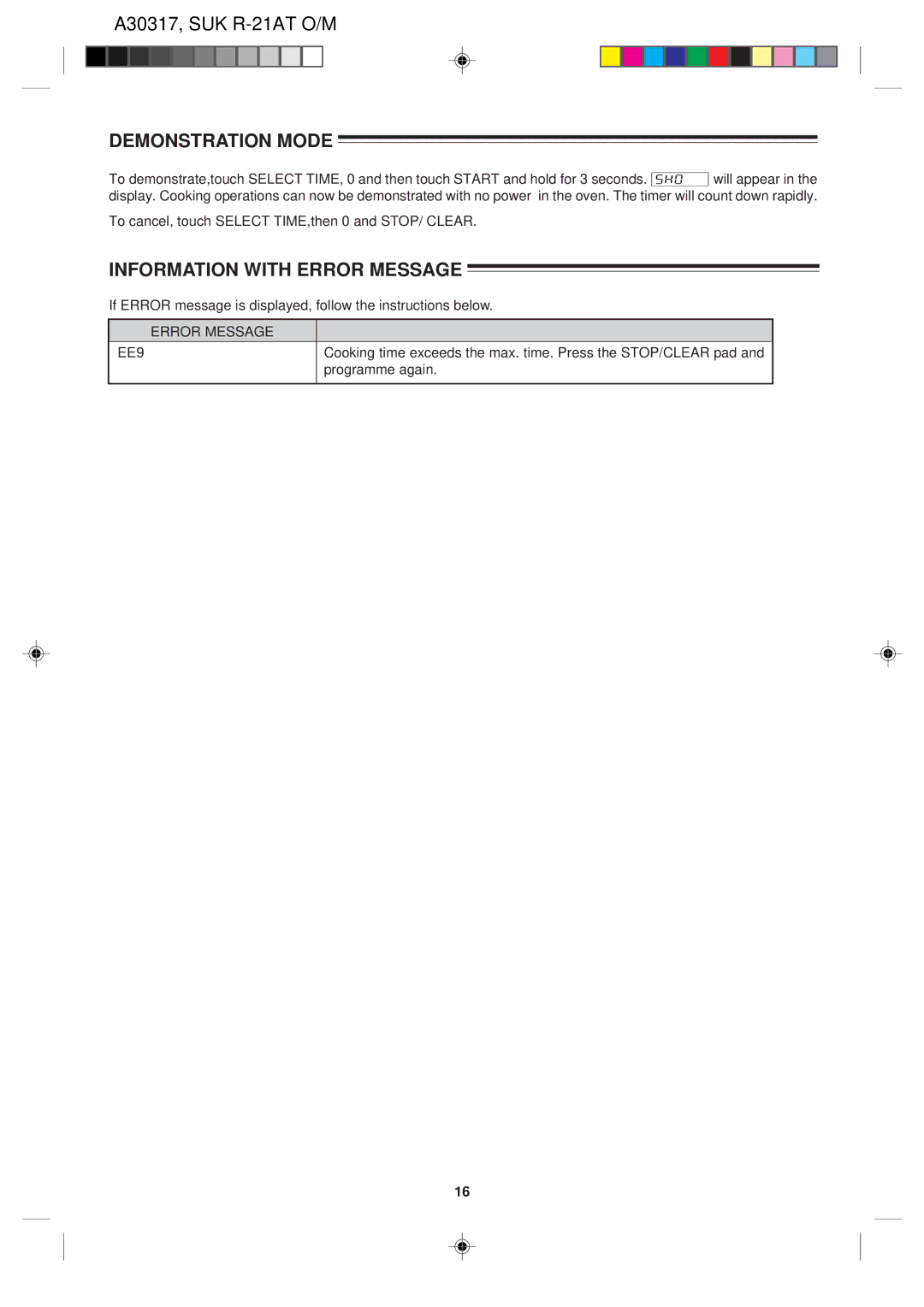 Sharp R-21AT operation manual Demonstration Mode, Information with Error Message 