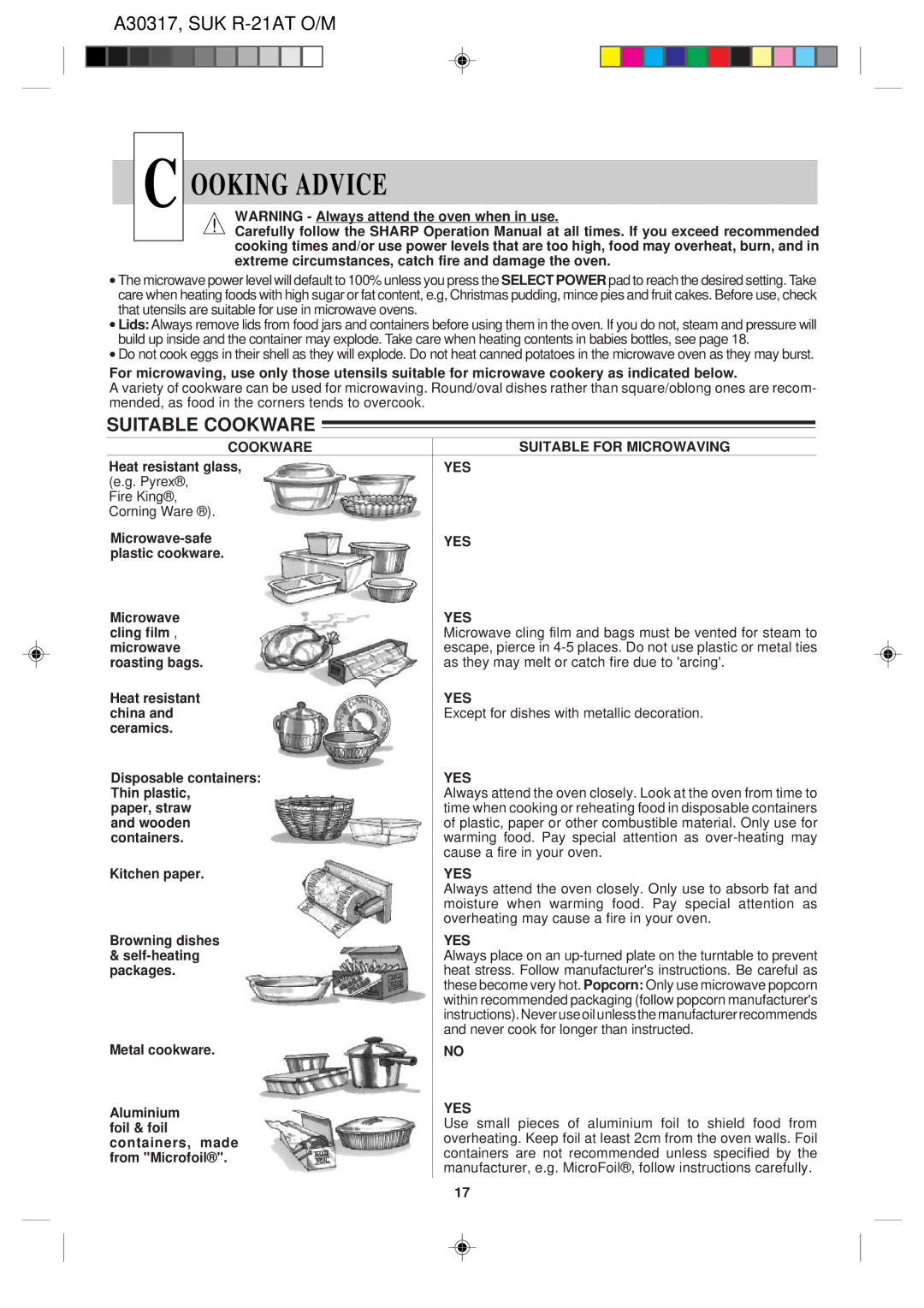 Sharp R-21AT operation manual Ooking Advice, Suitable Cookware, Cookware Suitable for Microwaving, Yes 