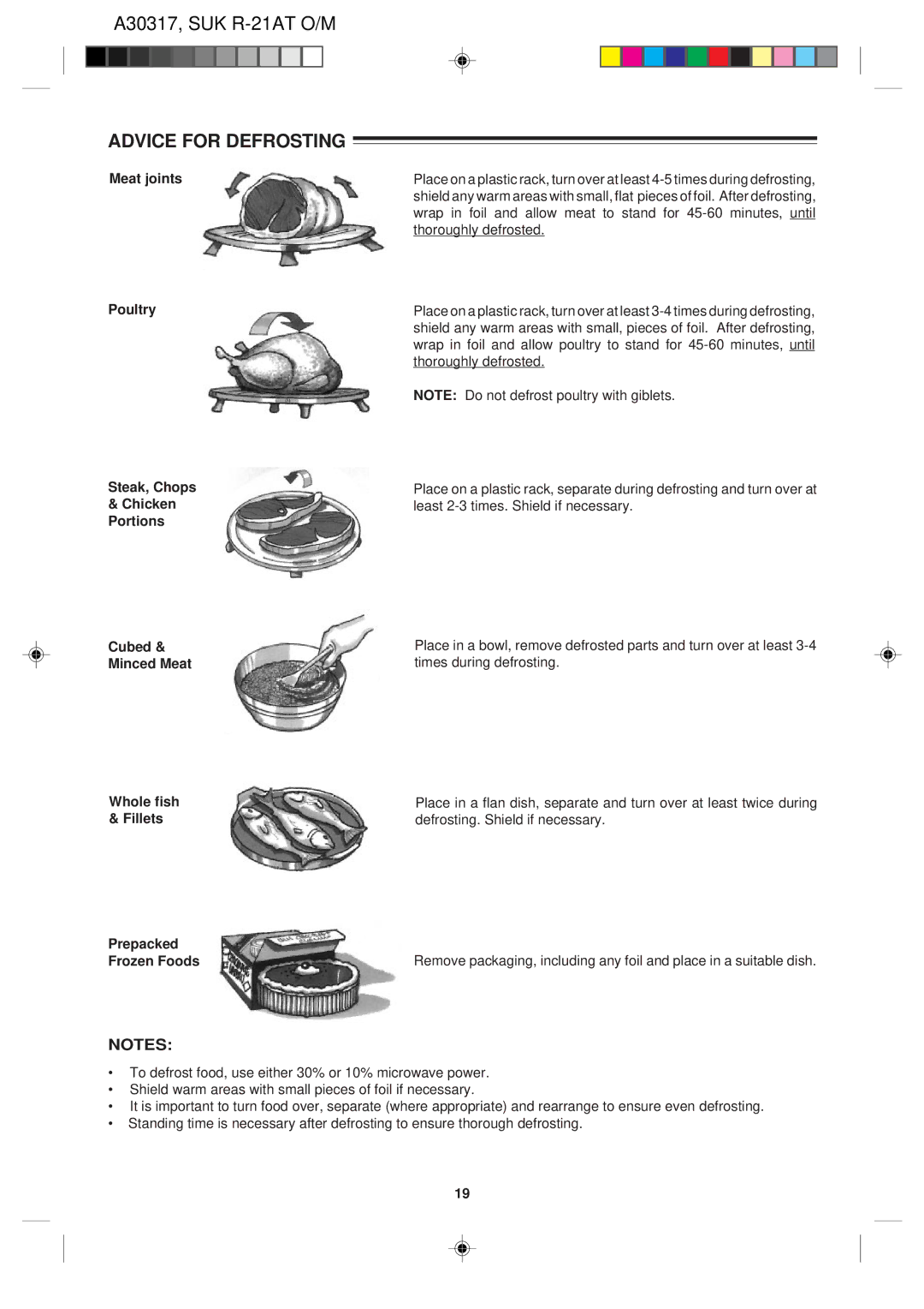 Sharp R-21AT operation manual Advice for Defrosting, Meat joints Poultry 