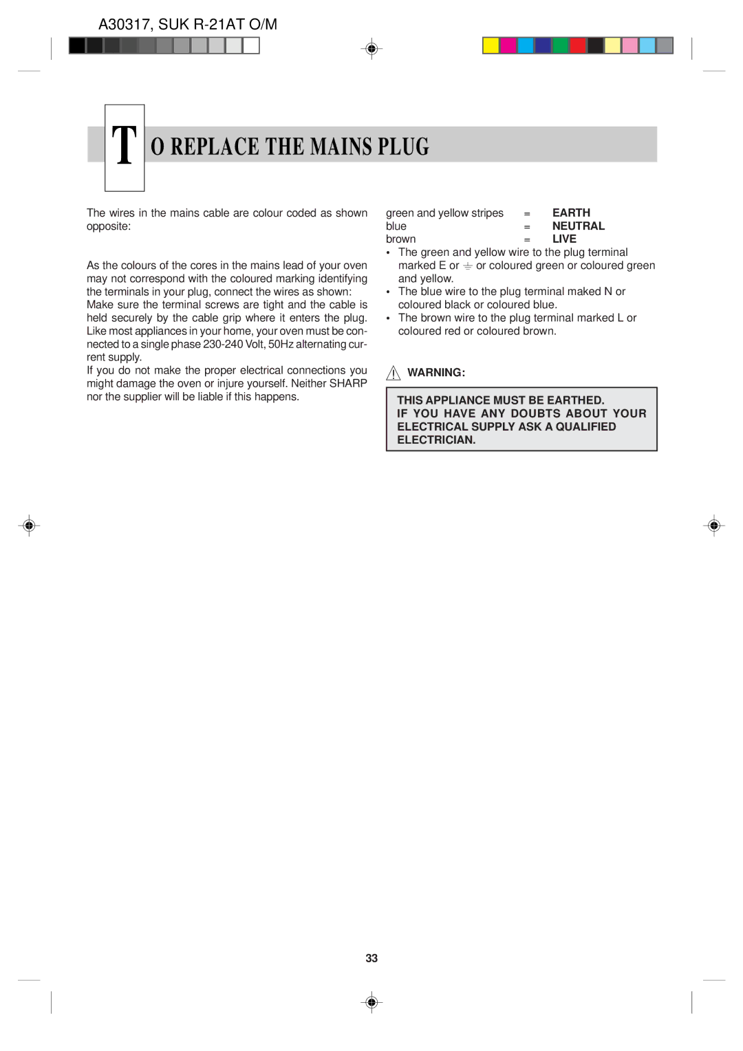 Sharp R-21AT operation manual Replace the Mains Plug, Earth, Neutral, Live 