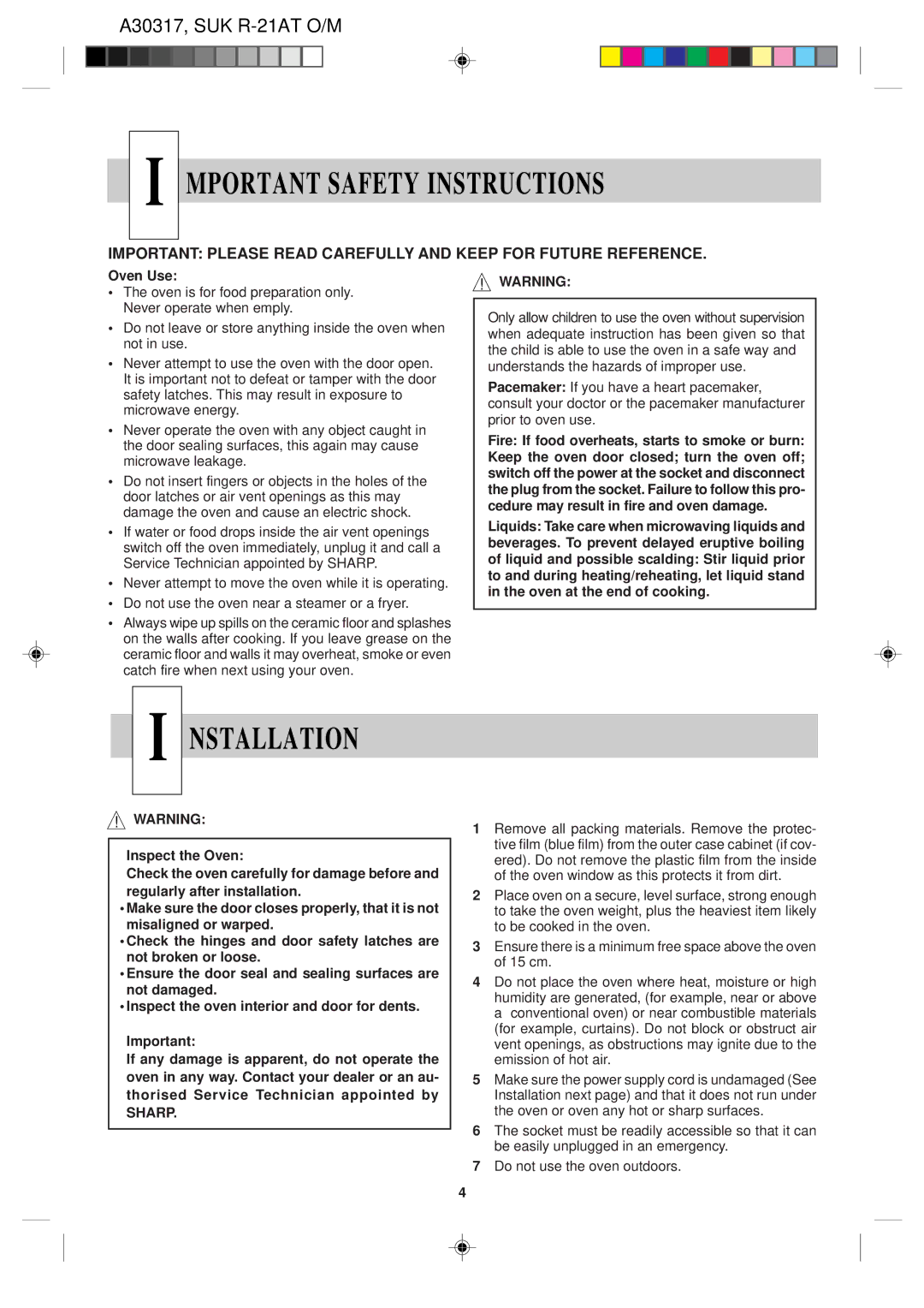 Sharp R-21AT operation manual Mportant Safety Instructions, Nstallation, Oven Use, Sharp 