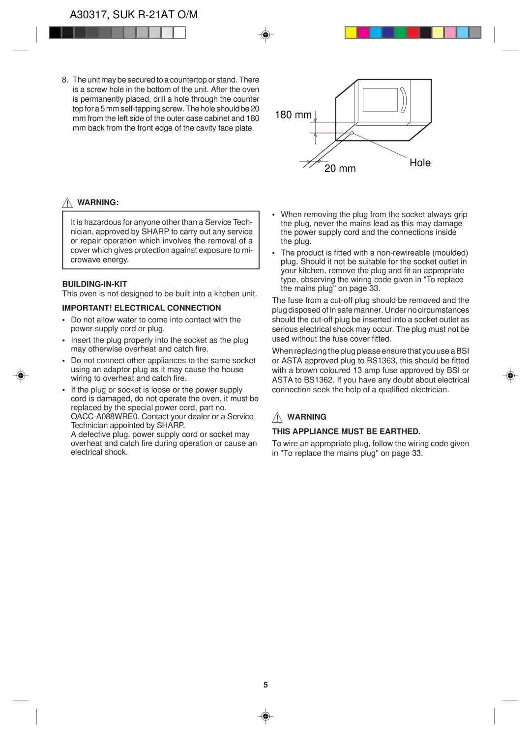 Sharp R-21AT operation manual Building-In-Kit, IMPORTANT! Electrical Connection, This Appliance Must be Earthed 