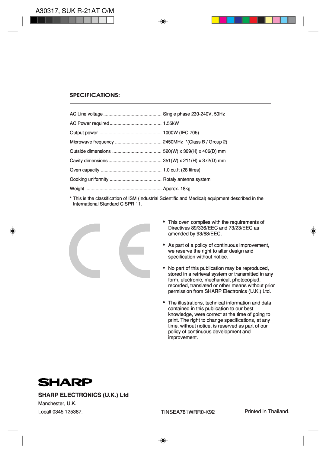 Sharp operation manual Specifications, TINSEA781WRR0-K92, A30317, SUK R-21AT O/M 
