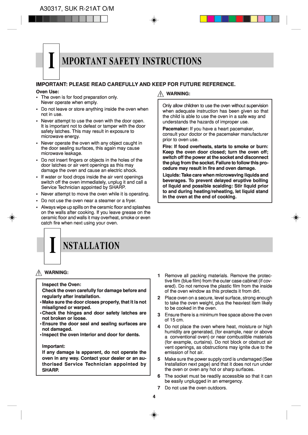 Sharp operation manual Mportant Safety Instructions, I Nstallation, A30317, SUK R-21AT O/M 