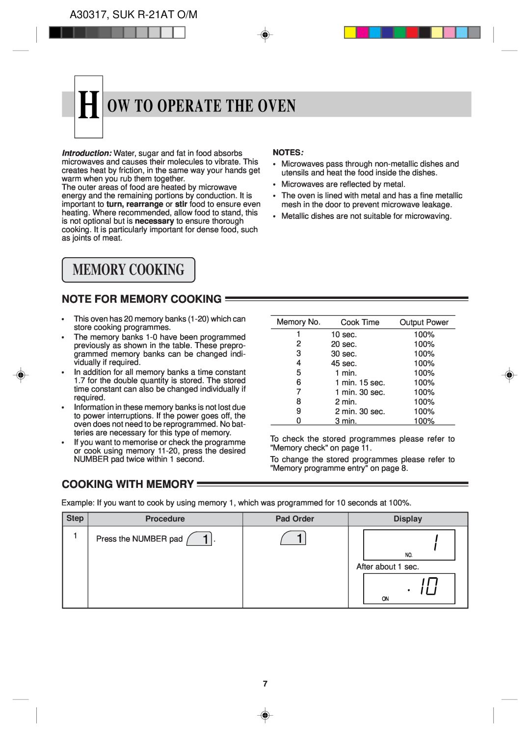 Sharp operation manual Ow To Operate The Oven, Note For Memory Cooking, Cooking With Memory, A30317, SUK R-21AT O/M 