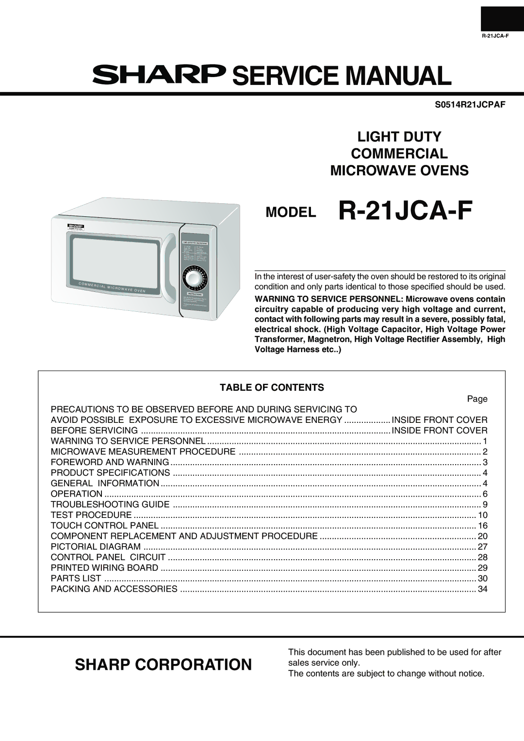 Sharp service manual Model R-21JCA-F 