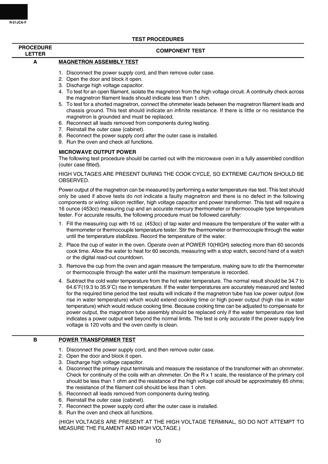 Sharp R-21JCA-F service manual Microwave Output Power, Power Transformer Test 