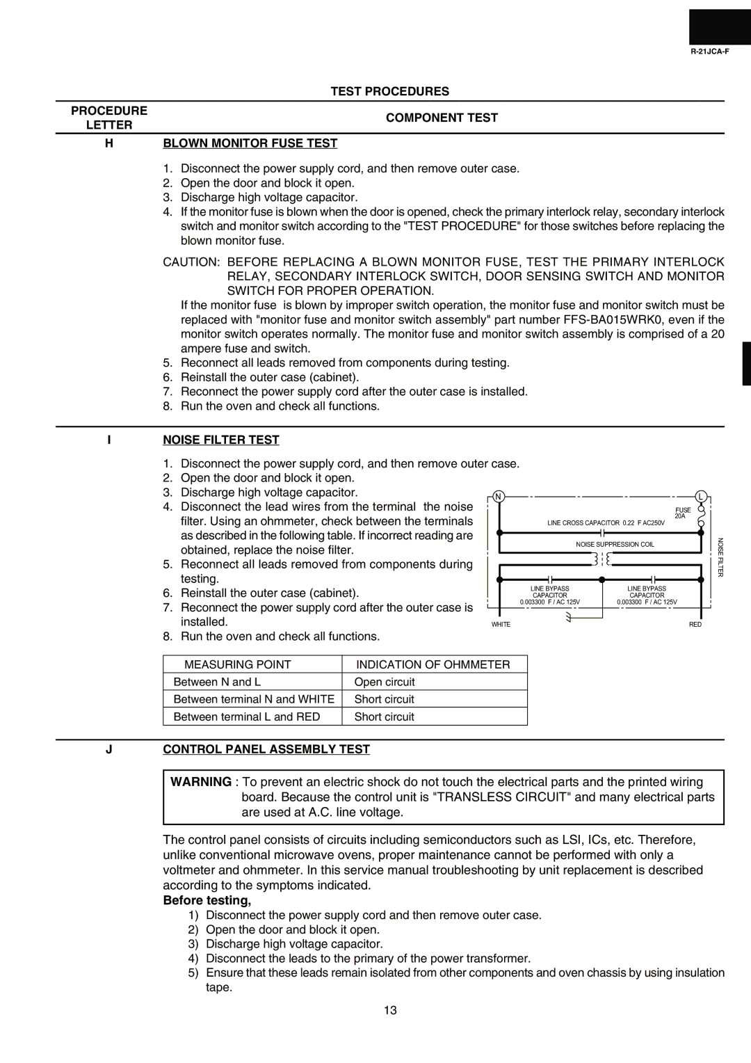 Sharp R-21JCA-F service manual Noise Filter Test, Control Panel Assembly Test, Before testing 