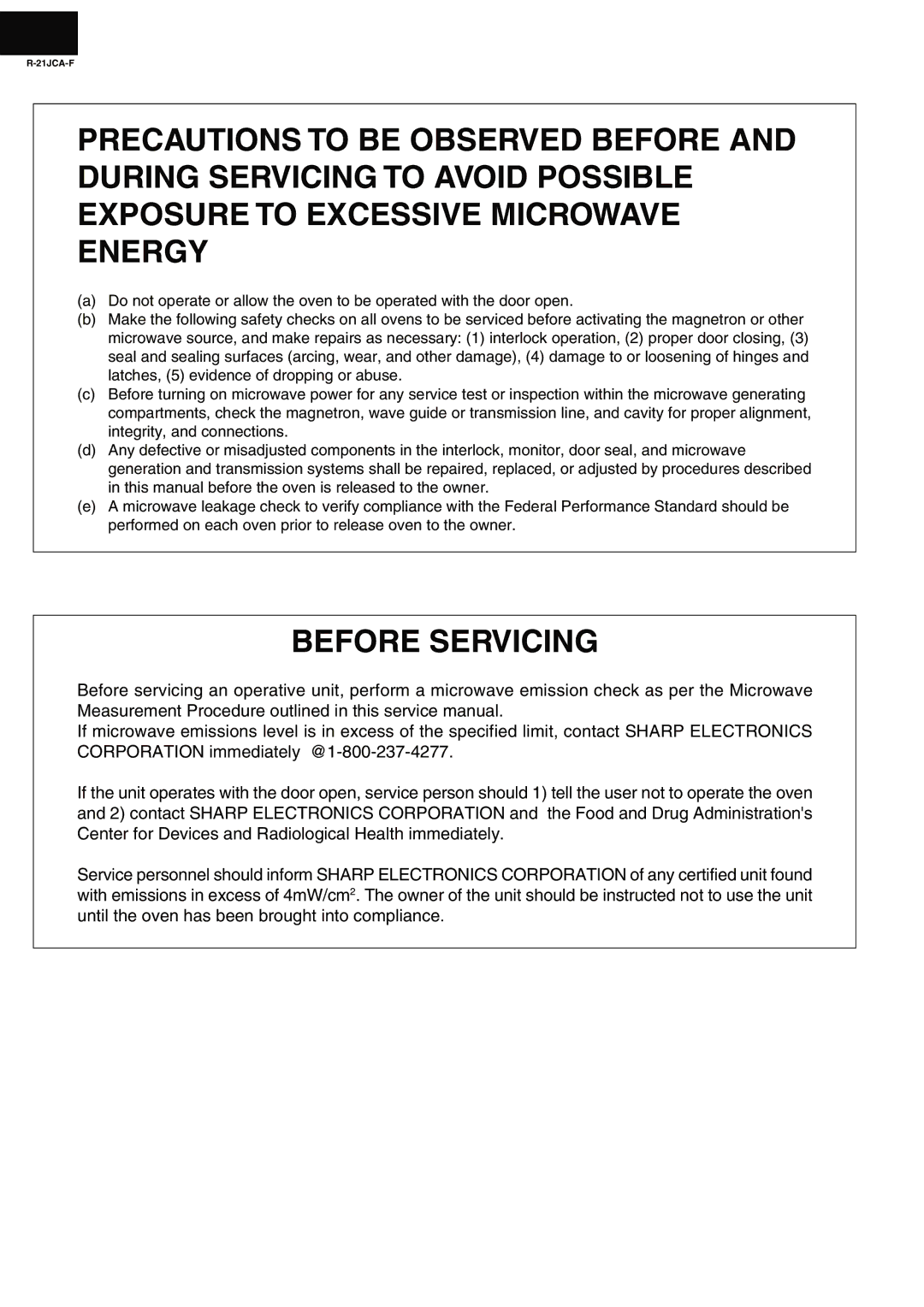 Sharp R-21JCA-F service manual Before Servicing 