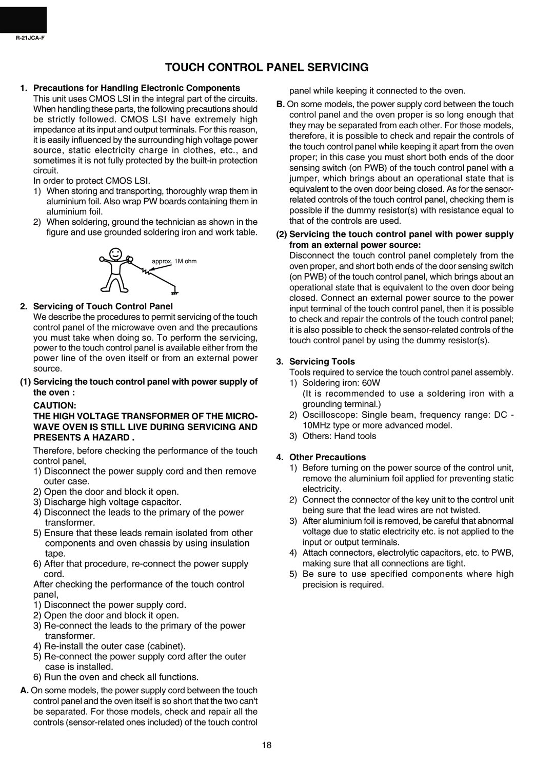 Sharp R-21JCA-F Touch Control Panel Servicing, Servicing of Touch Control Panel, Servicing Tools, Other Precautions 