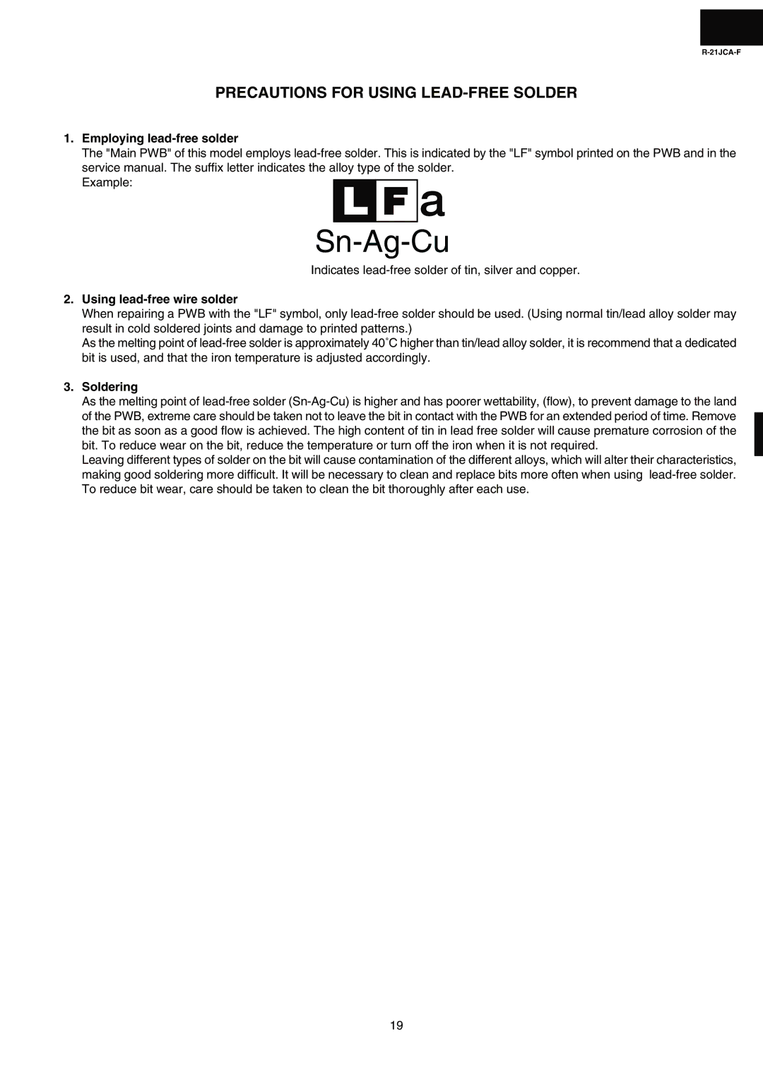 Sharp R-21JCA-F Precautions for Using LEAD-FREE Solder, Employing lead-free solder, Using lead-free wire solder, Soldering 