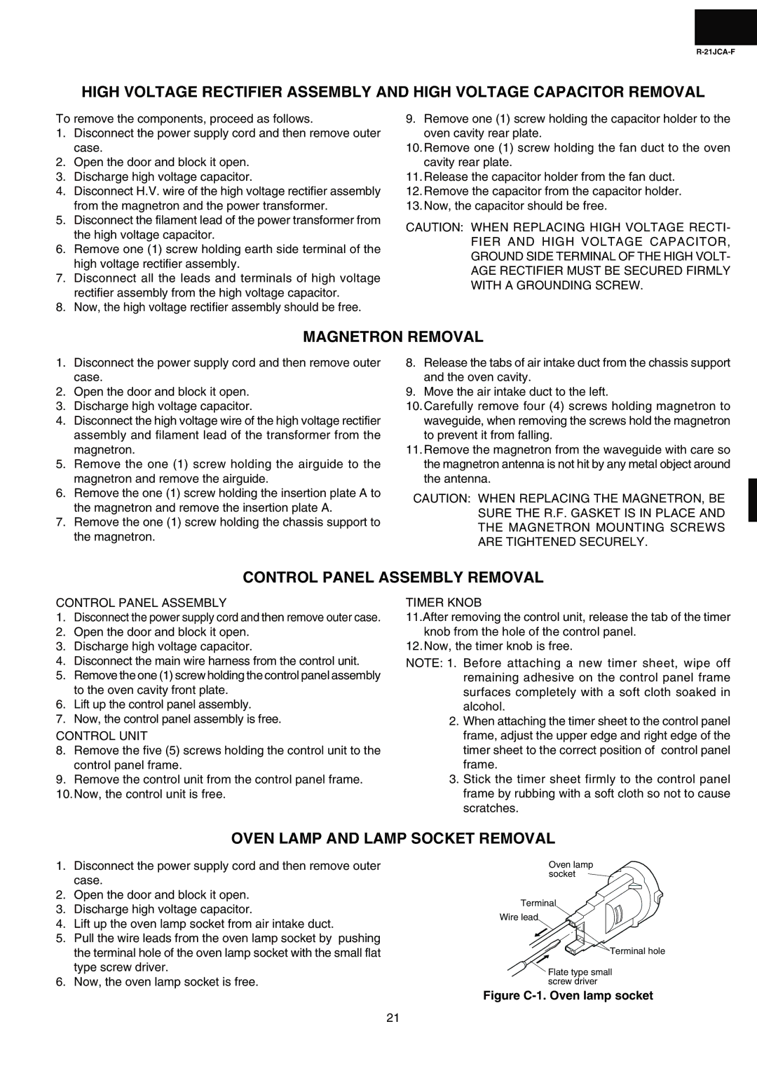 Sharp R-21JCA-F service manual Magnetron Removal, Control Panel Assembly Removal, Oven Lamp and Lamp Socket Removal 