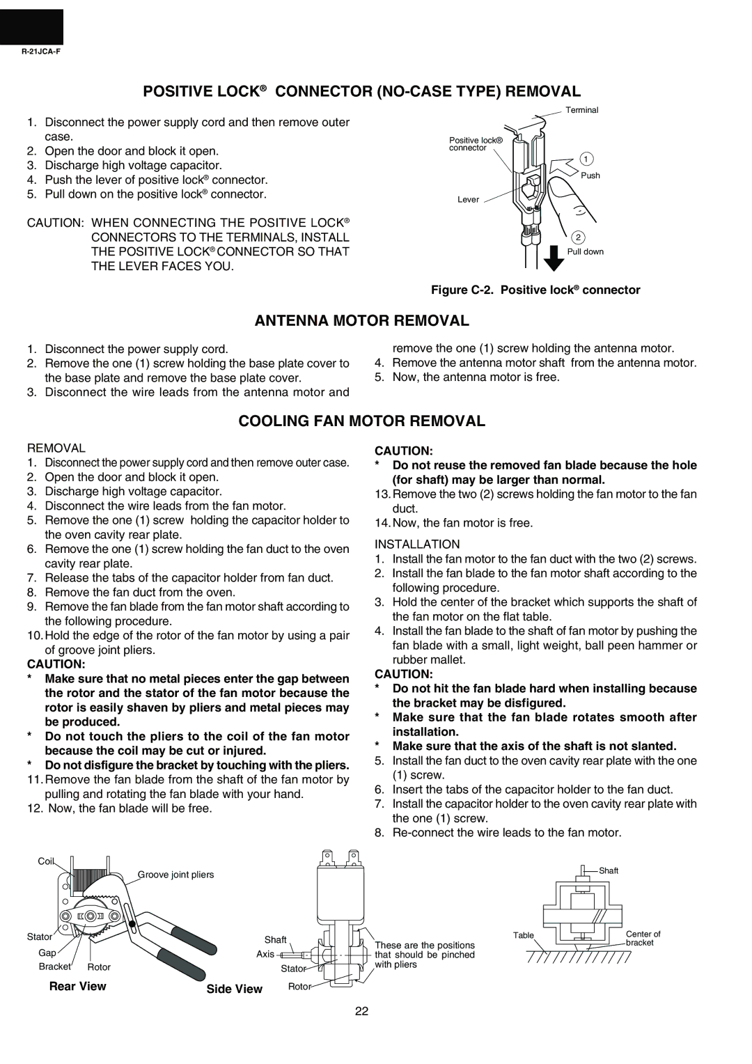 Sharp R-21JCA-F Positive Lock Connector NO-CASE Type Removal, Antenna Motor Removal, Cooling FAN Motor Removal, Rear View 