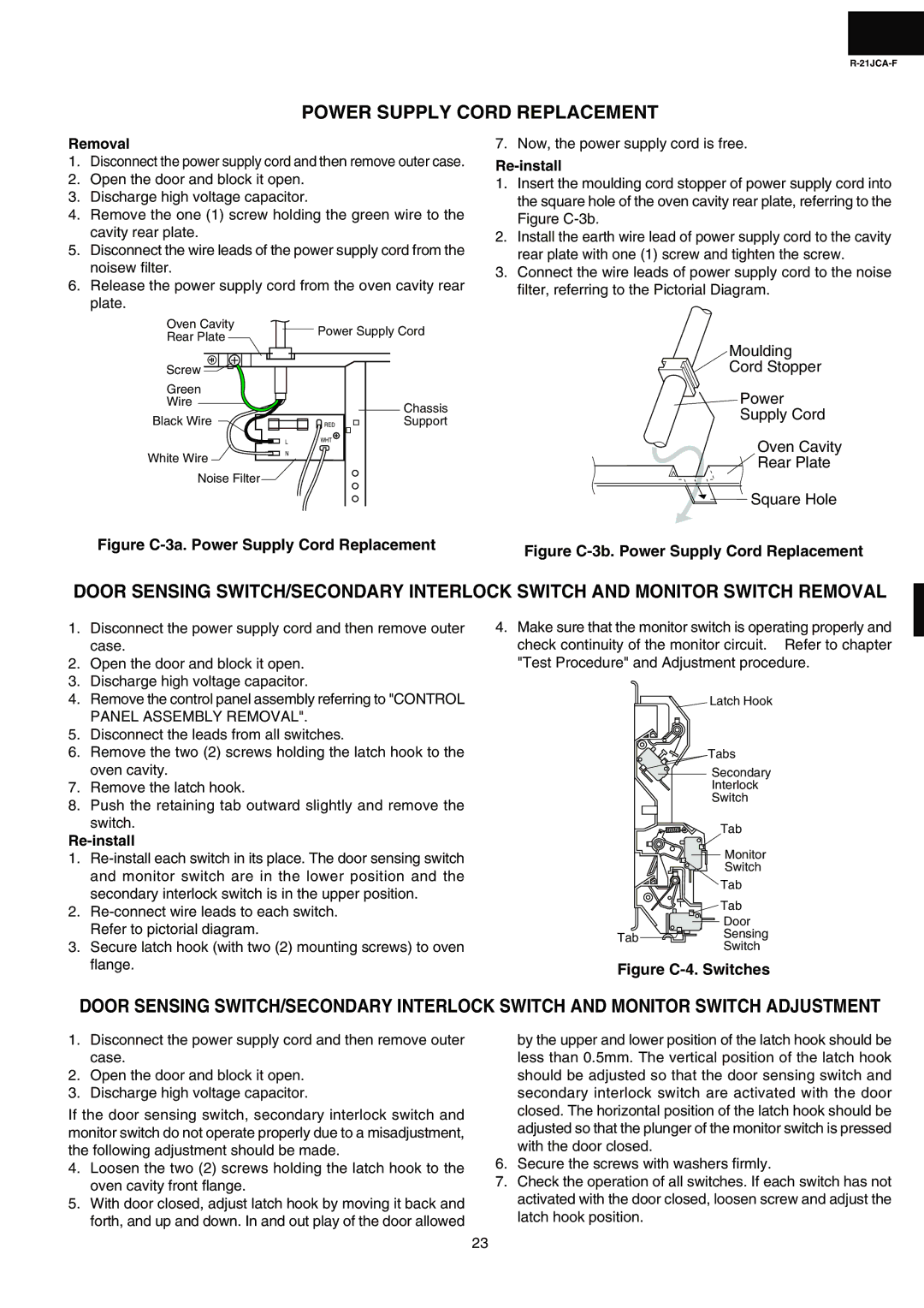 Sharp R-21JCA-F service manual Power Supply Cord Replacement, Removal, Re-install 