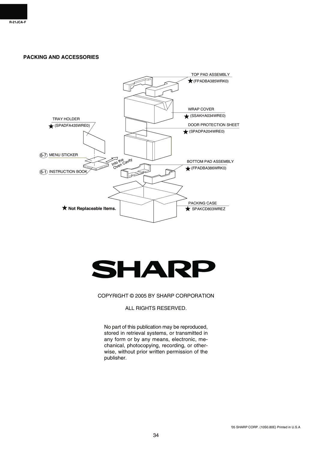 Sharp R-21JCA-F service manual Packing and Accessories, Copyright 2005 by Sharp Corporation ALL Rights Reserved 