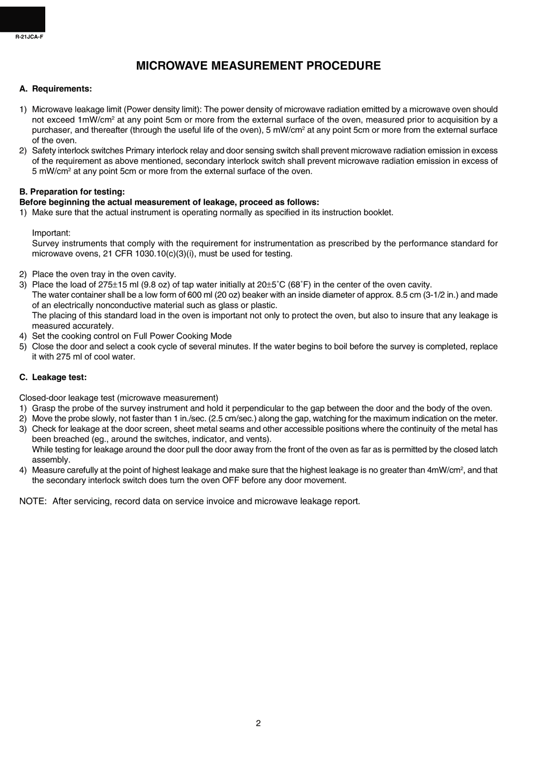 Sharp R-21JCA-F service manual Microwave Measurement Procedure, Requirements, Leakage test 