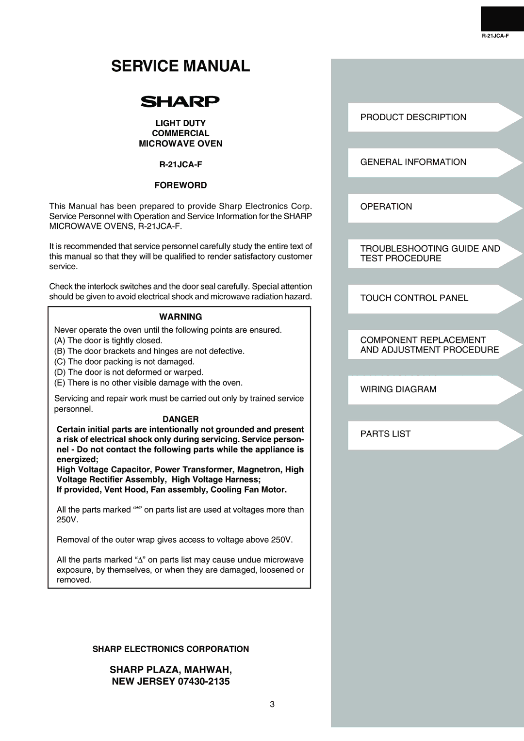 Sharp R-21JCA-F service manual Light Duty Commercial Microwave Oven 21JCA-F Foreword, Sharp Electronics Corporation 