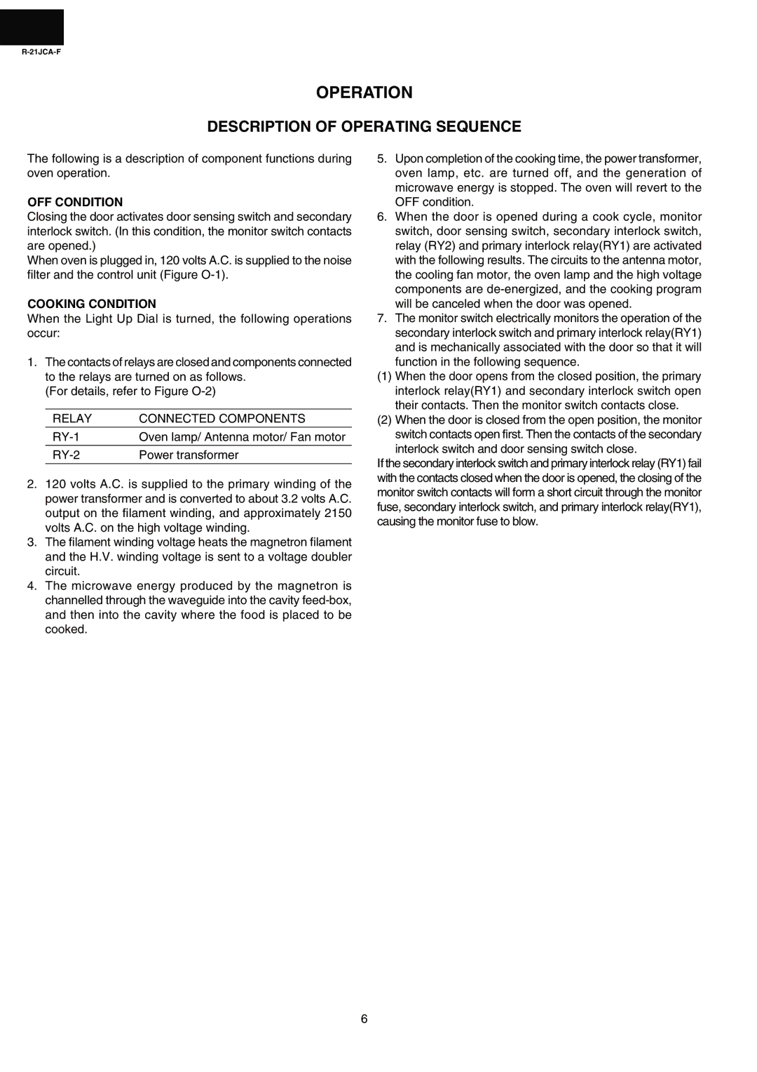 Sharp R-21JCA-F Operation, Description of Operating Sequence, OFF Condition, Cooking Condition, Relay Connected Components 