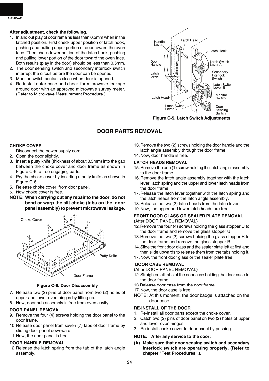 Sharp R-21JCA-F Door Parts Removal, After adjustment, check the following, Figure C-5. Latch Switch Adjustments 