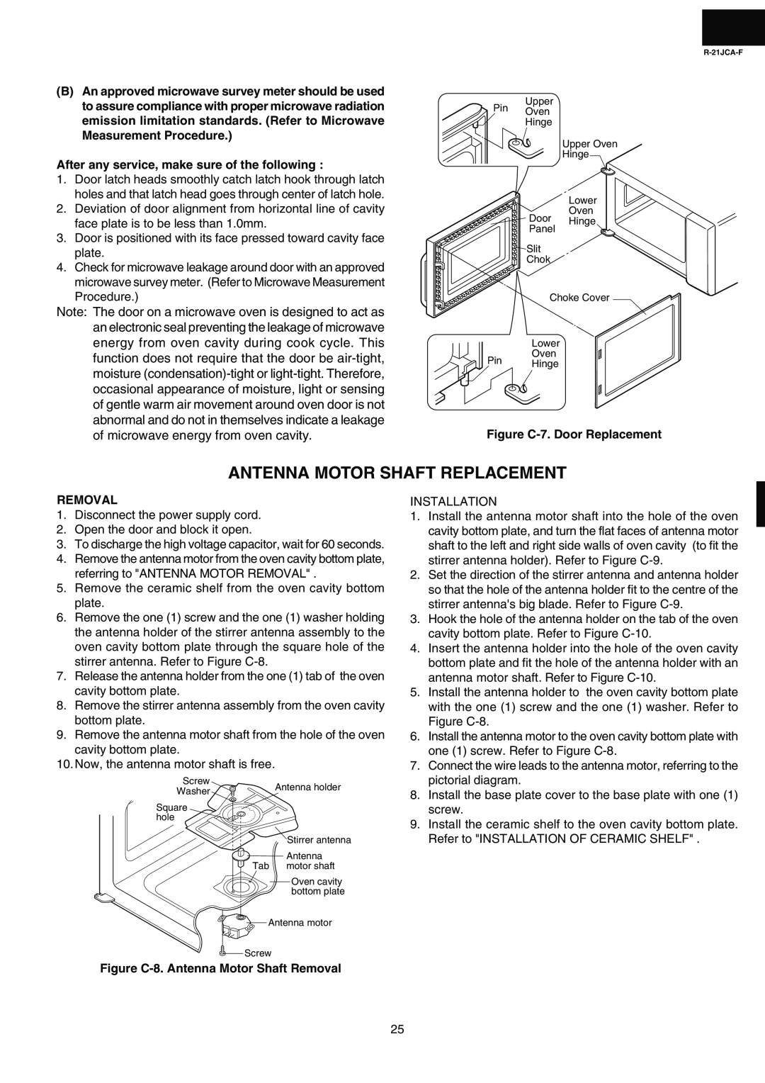 Sharp R-21JCA-F service manual Antenna Motor Shaft Replacement, After any service, make sure of the following, Removal 