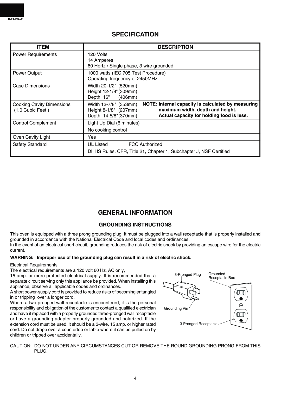 Sharp R-21JCA-F service manual Specification, General Information, NOTE Internal capacity is calculated by measuring 
