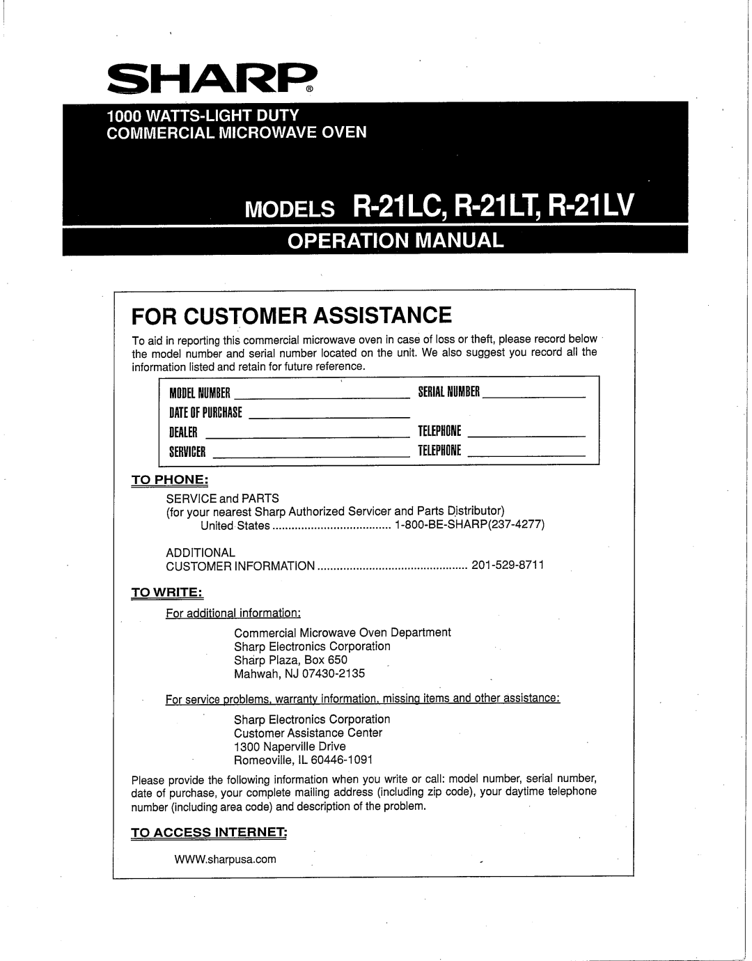 Sharp R-21LT, R-21LC, R-21LV manual 