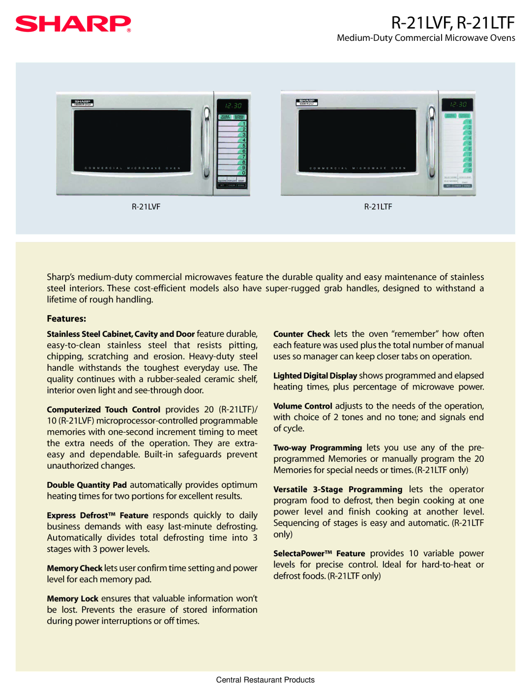 Sharp R-21LVF manual 21LVF, R-21LTF, Features 