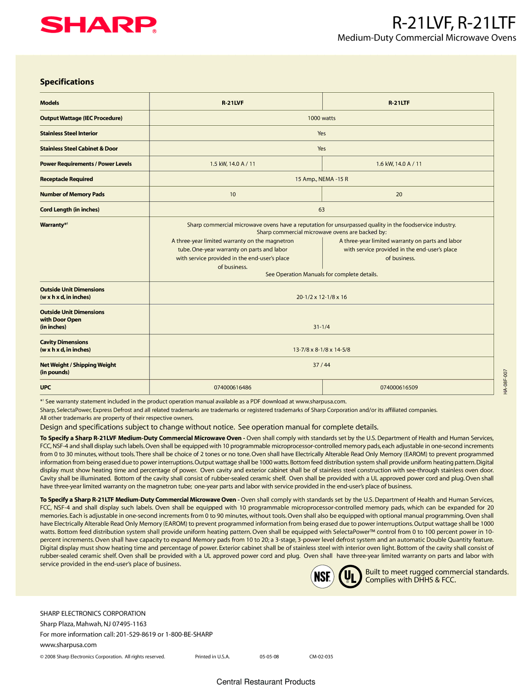 Sharp R-21LTF, R-21LVF manual Specifications, Sharp Electronics Corporation, Upc 