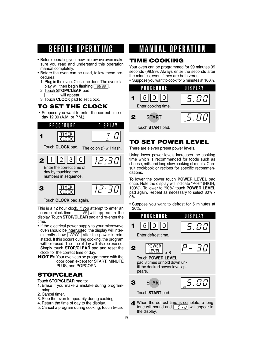 Sharp R-220F operation manual O C E D U R ED I S P L a Y, To SET the Clock, Time Cooking, To SET Power Level, Stop/Clear 