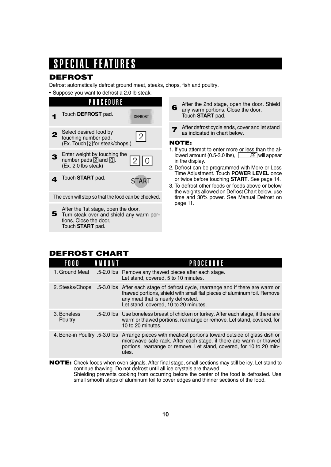 Sharp R-220F operation manual E C I a L F E AT U R E S, O C E D U R E, Defrost Chart 