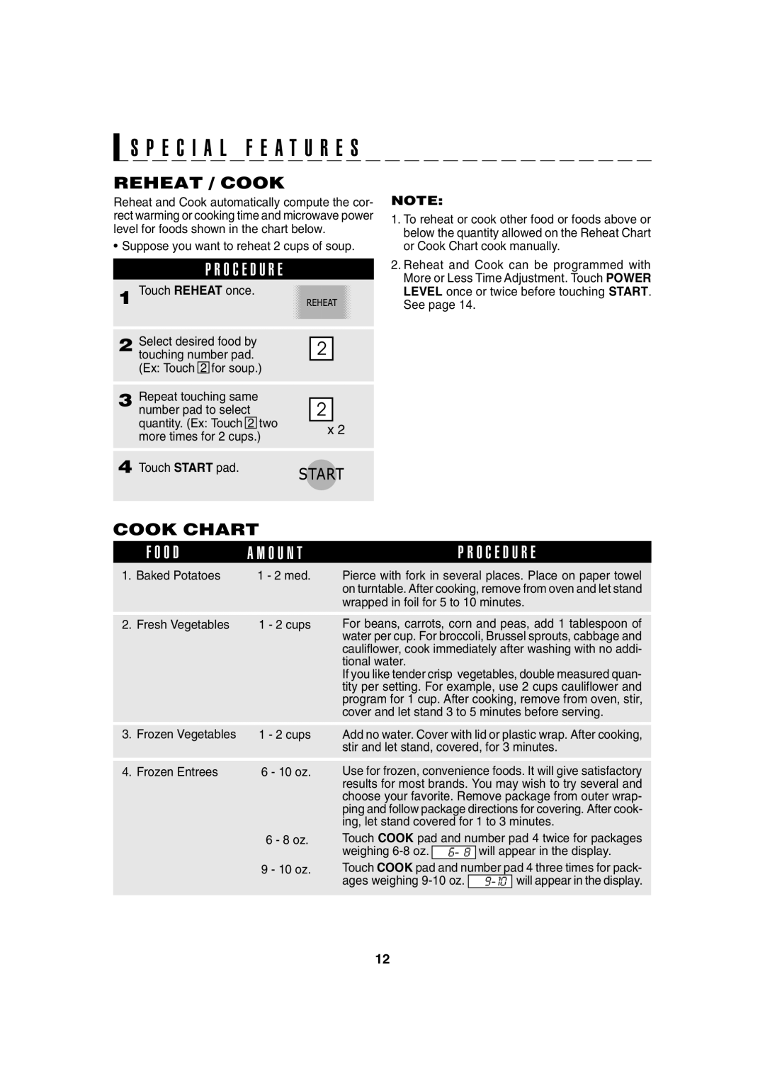 Sharp R-220F operation manual Reheat / Cook, Cook Chart 