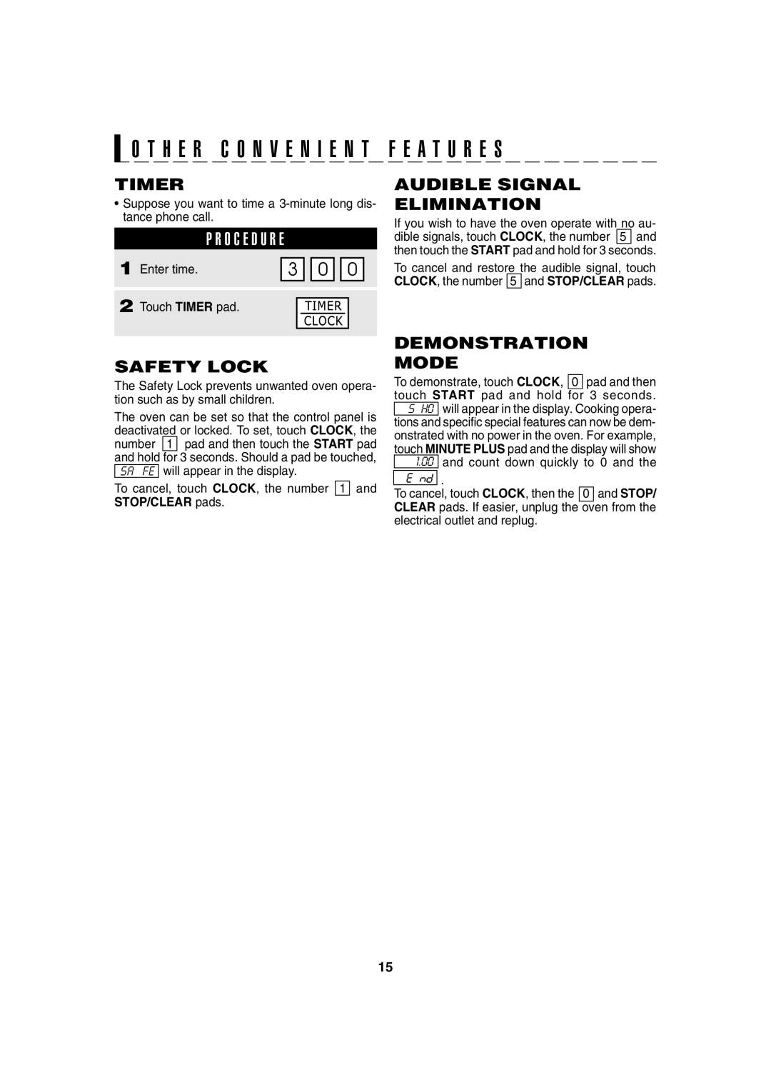 Sharp R-220F operation manual Timer Audible Signal, Elimination, Safety Lock, Demonstration Mode 