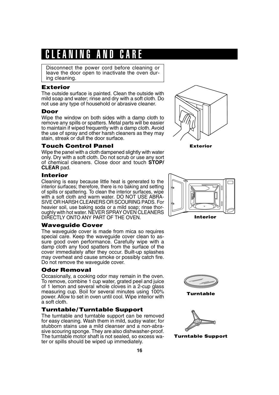 Sharp R-220F operation manual E a N I N G a N D C a R E, Interior Turntable Turntable Support 