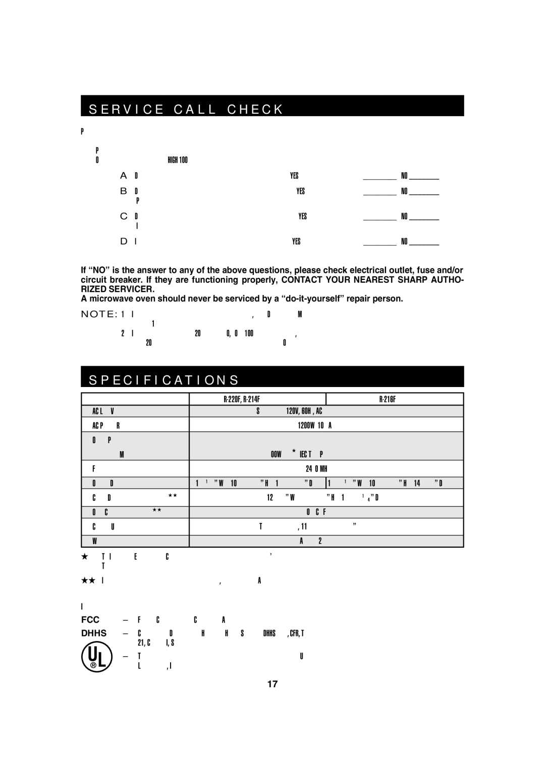 Sharp R-220F operation manual R V I C E C a L L C H E C K, Specification S 