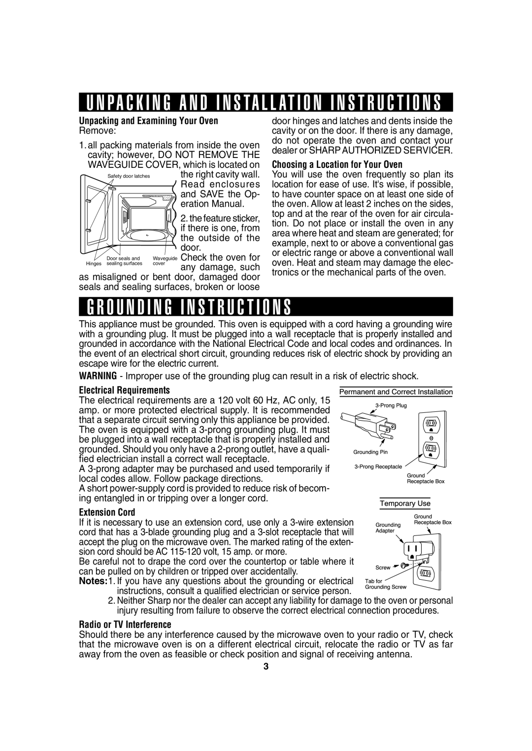 Sharp R-220F operation manual O U N D I N G I N S T R U C T I O N S, Unpacking and Examining Your Oven 