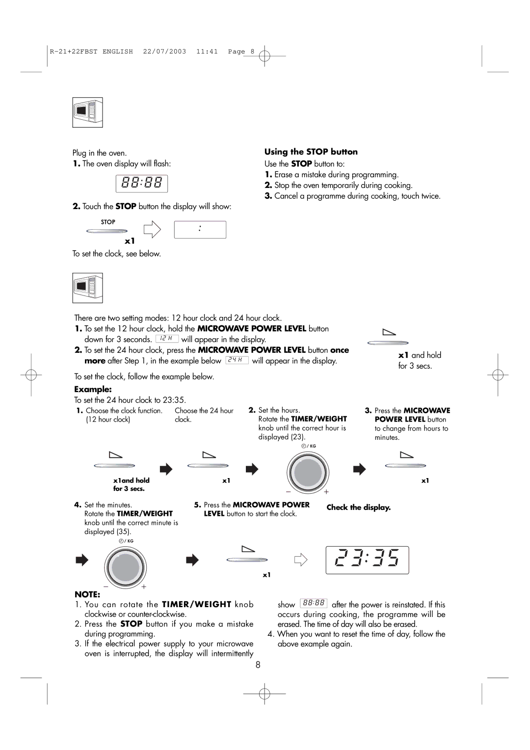 Sharp R-22FBST, R-21 FBST operation manual Before Operation, Setting the Clock, Using the Stop button, Example 