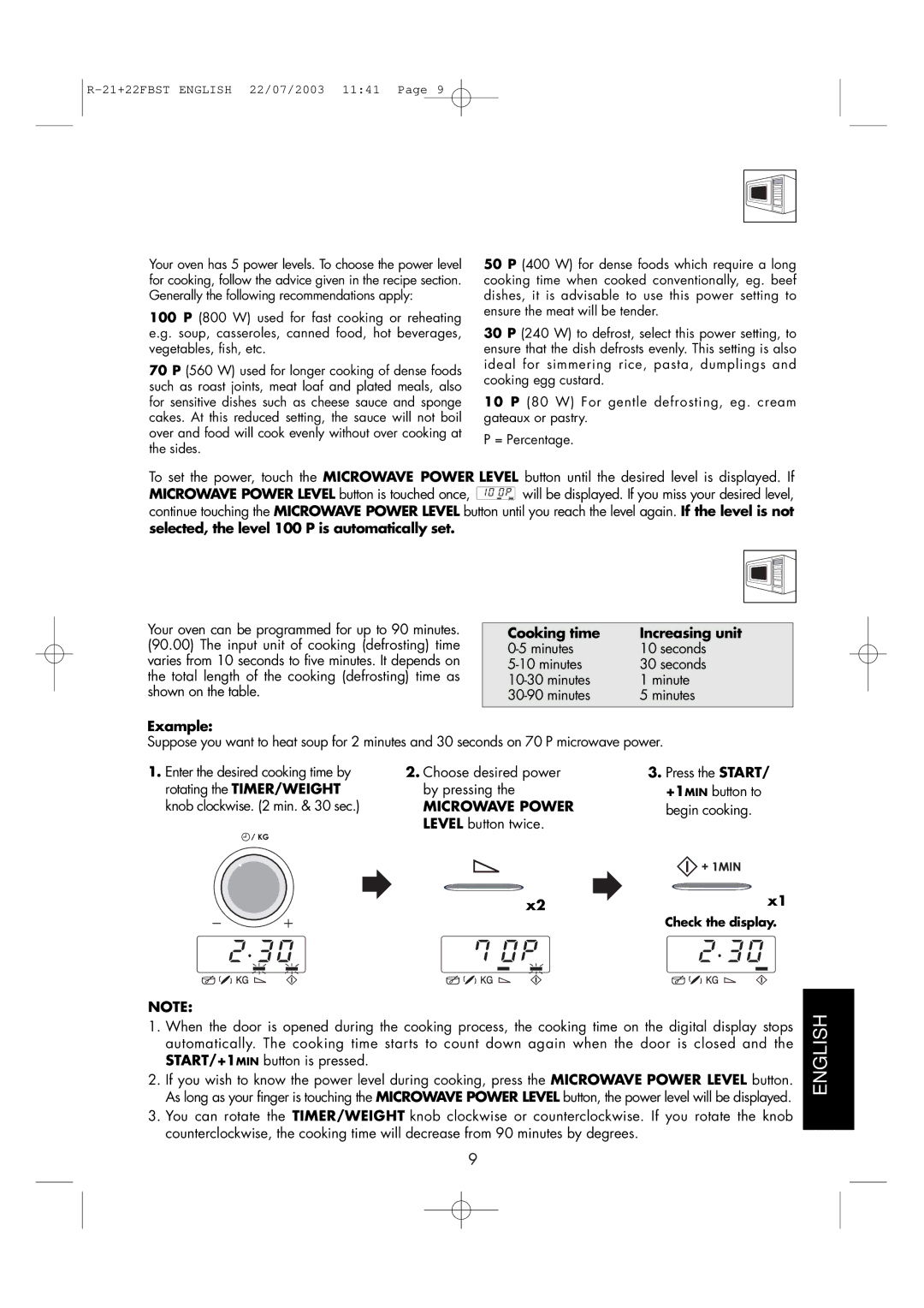 Sharp R-21 FBST, R-22FBST operation manual Microwave Power Level, Manual Operation, Cooking time Increasing unit 