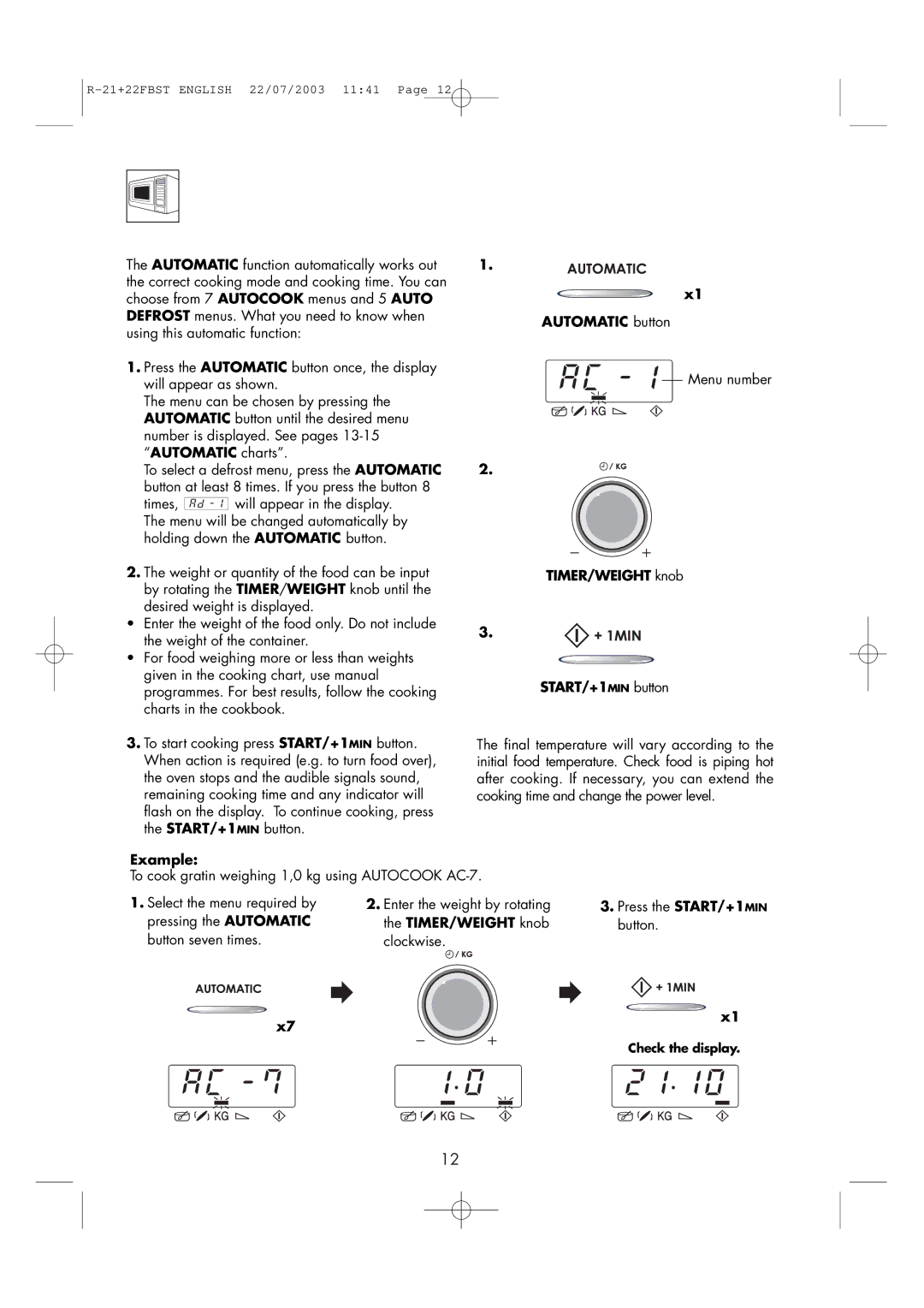 Sharp R-22FBST, R-21 FBST operation manual Automatic Operation, TIMER/WEIGHT knob START/+1MIN button 