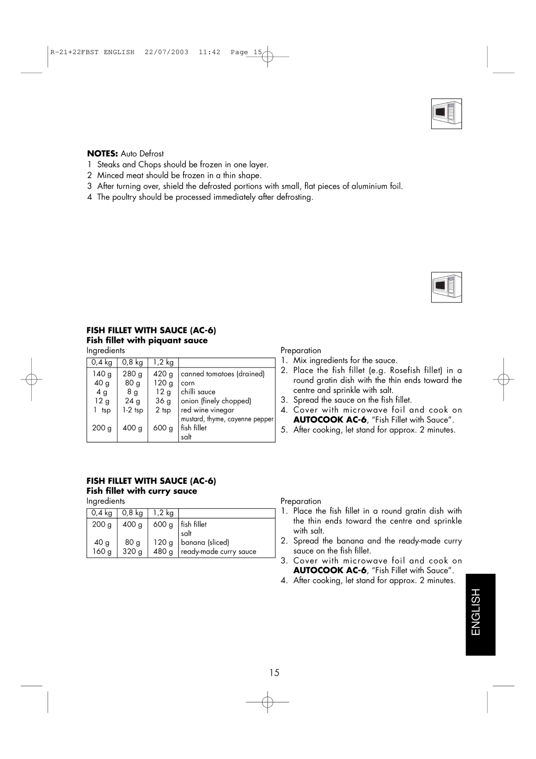 Sharp R-21 FBST, R-22FBST Recipes for Automatic AC-6 & AC-7, Fish Fillet with Sauce AC-6, Fish fillet with piquant sauce 