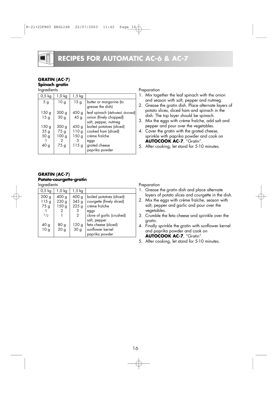 Sharp R-22FBST, R-21 FBST operation manual Gratin AC-7, Spinach gratin, Potato-courgette-gratin 