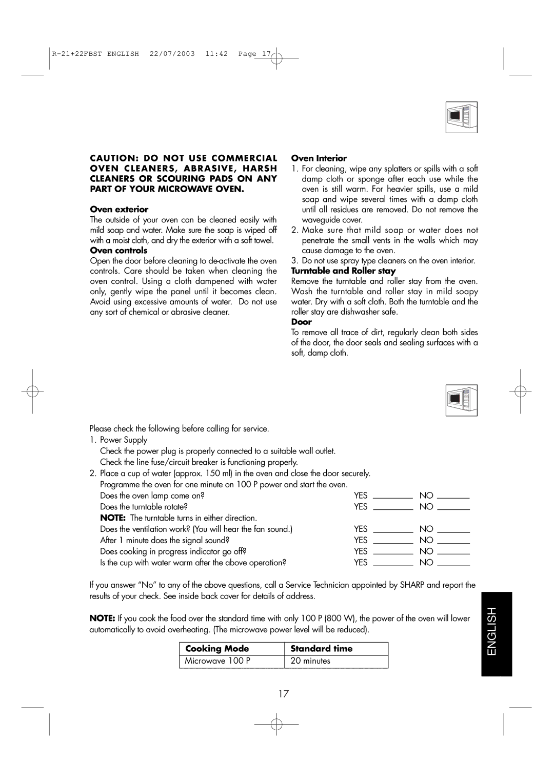 Sharp R-21 FBST, R-22FBST operation manual Care and Cleaning, Service Call Check 