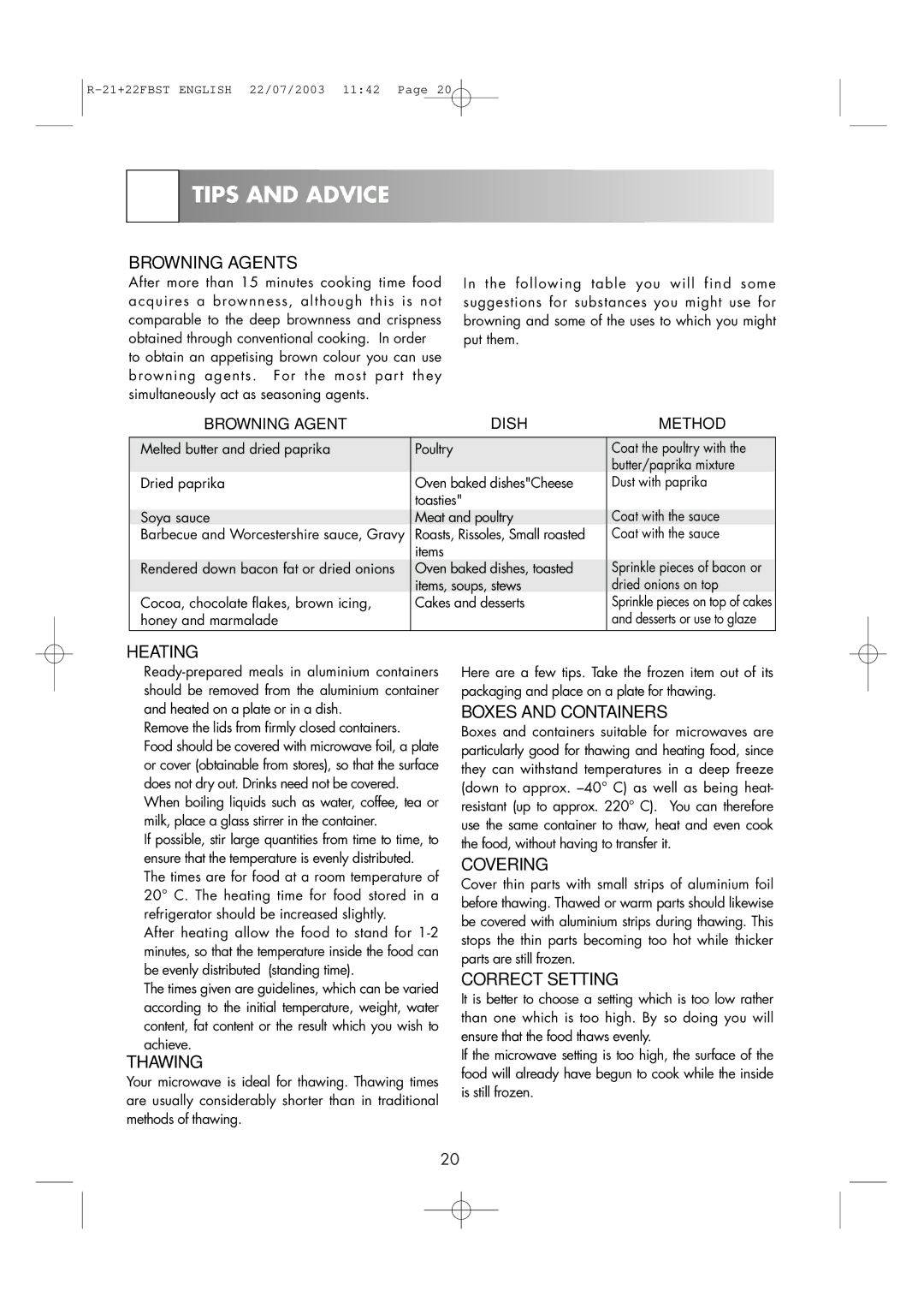 Sharp R-22FBST, R-21 FBST operation manual Browning Agents, Heating, Thawing, Boxes and Containers, Correct Setting 