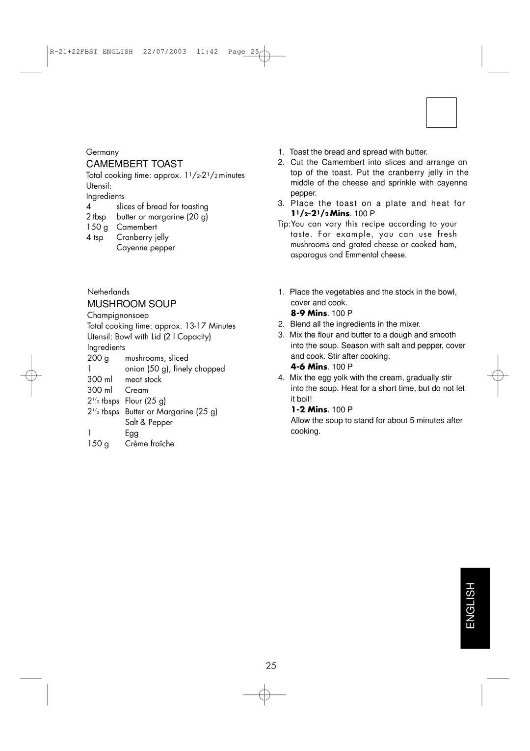 Sharp R-21 FBST, R-22FBST operation manual Camembert Toast, Mins P 